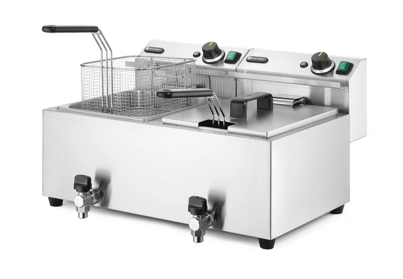 HENDI Fritteuse Profi Line mit Ablasshahn – 2×8 l – Profi Line – 16 l – 230 V / 7000 W – 610 × 515 × 369 mm