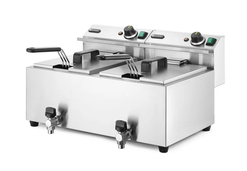 HENDI Fritteuse Profi Line mit Ablasshahn – 2×8 l – Profi Line – 16 l – 230 V / 7000 W – 610 × 515 × 369 mm