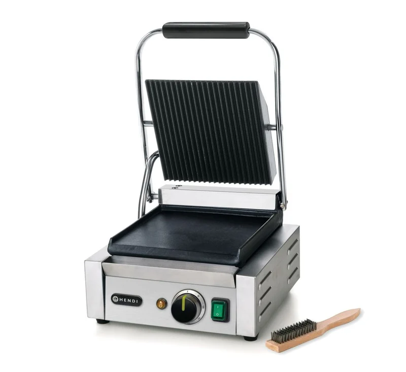 HENDI Kontaktgrill - Einzelversion – oben gerillt – unten glatt – 230 V / 1800 W – 310 × 375 × 216 mm