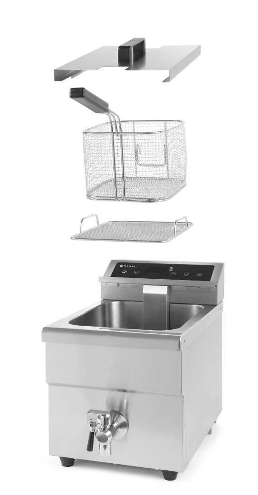 HENDI Induktionsfritteuse mit Ablasshahn - 8 l – 8 l – Hellgrau – 230 V / 3500 W – 288 × 619 × 408 mm