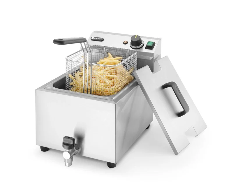 HENDI Fritteuse Profi Line mit Ablasshahn – 8 l – Profi Line – 8 l – Hellgrau – 230 V / 3500 W – 305 × 515 × 354 mm