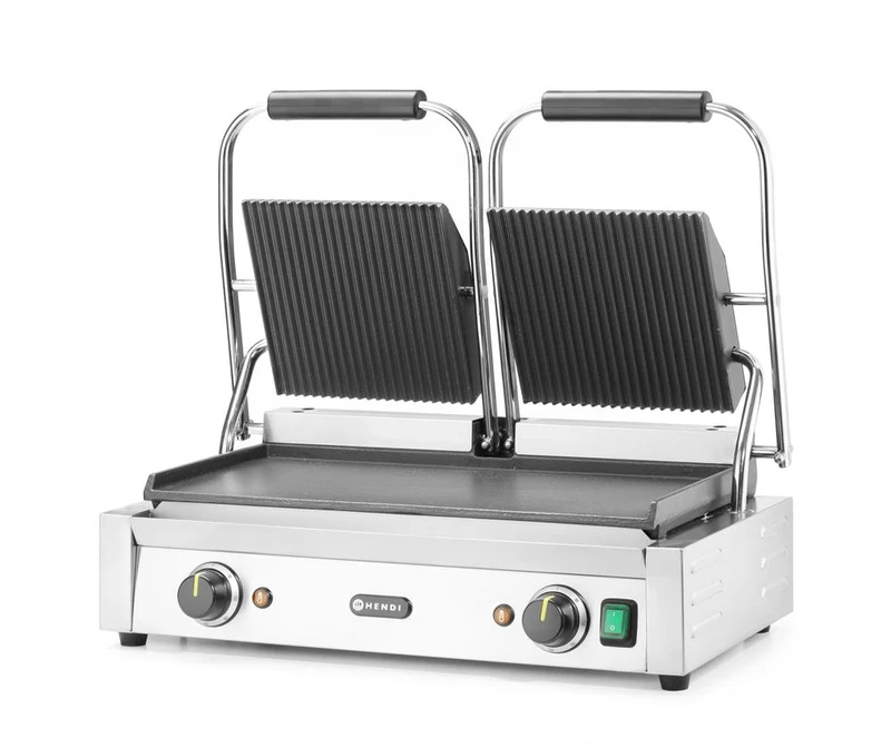 HENDI Kontaktgrill - Doppelversion – oben gerillt – unten glatt – 230 V / 3600 W – 570 × 375 × 216 mm