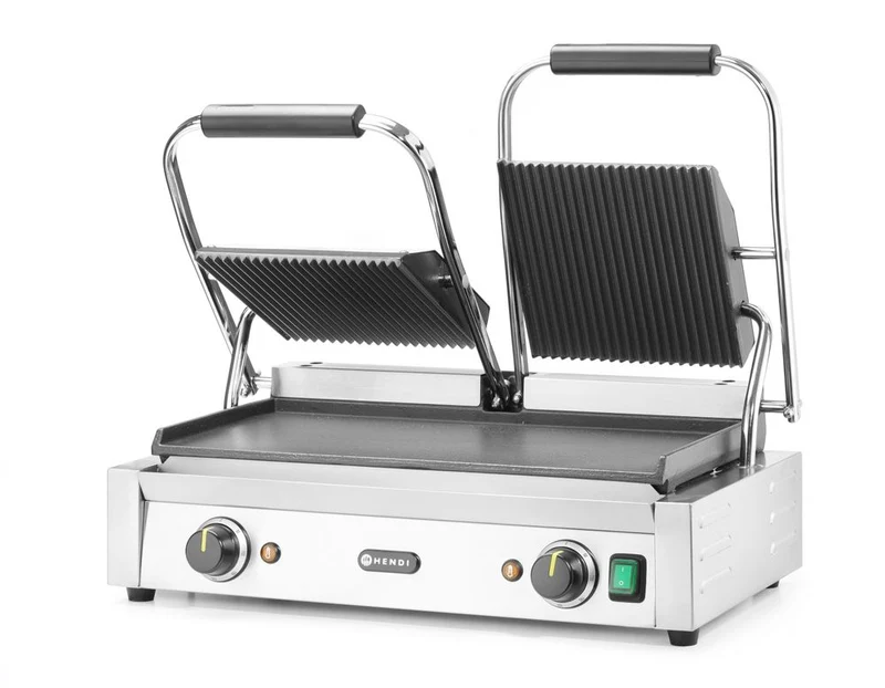 HENDI Kontaktgrill - Doppelversion – oben gerillt – unten glatt – 230 V / 3600 W – 570 × 375 × 216 mm