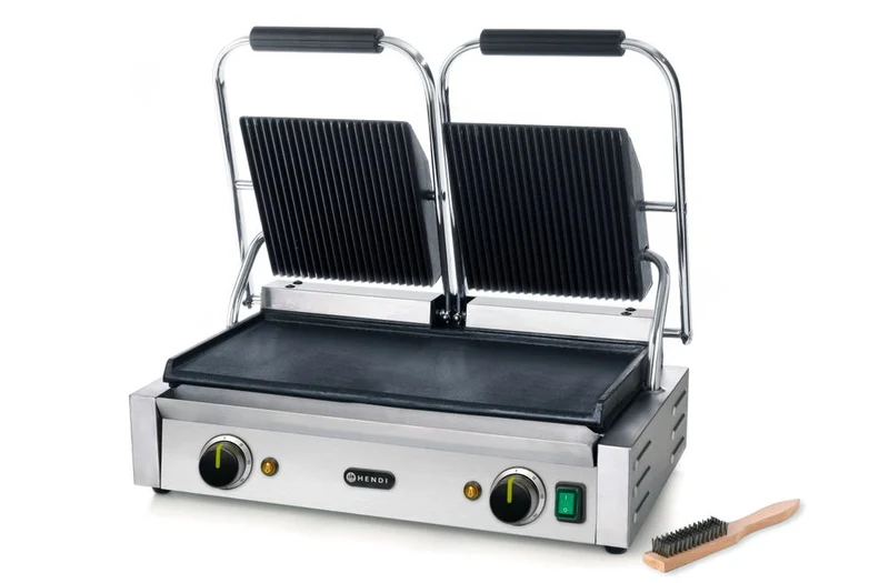 HENDI Kontaktgrill - Doppelversion – oben gerillt – unten glatt – 230 V / 3600 W – 570 × 375 × 216 mm