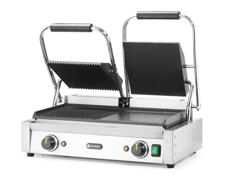 HENDI Kontaktgrill - Doppelversion – halb glatt – halb gerillt – 230 V / 3600 W – 570 × 375 × 216 mm