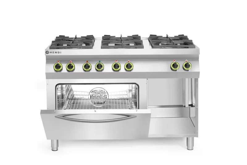 HENDI Gasherd Kitchen Line 6-flammig mit Ofen GN 1 / 1 – Kitchen Line – 230 V / 3000 W – 28,5 kW – 1200 × 722 × 900 mm