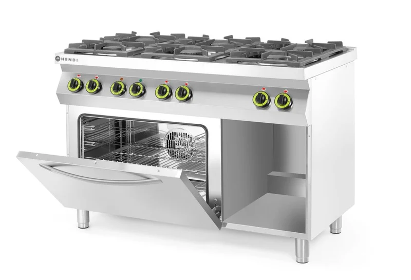 HENDI Gasherd Kitchen Line 6-flammig mit Ofen GN 1 / 1 – Kitchen Line – 230 V / 3000 W – 28,5 kW – 1200 × 722 × 900 mm