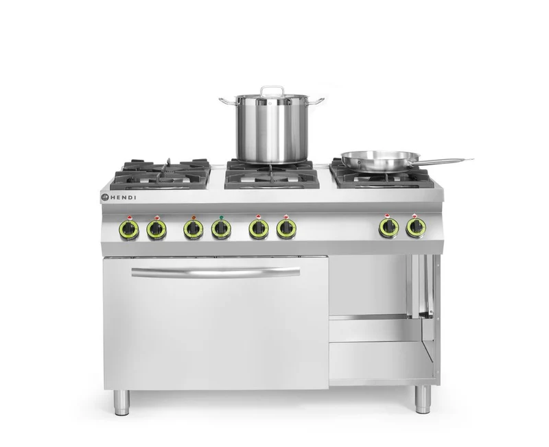 HENDI Gasherd Kitchen Line 6-flammig mit Ofen GN 1 / 1 – Kitchen Line – 230 V / 3000 W – 28,5 kW – 1200 × 722 × 900 mm