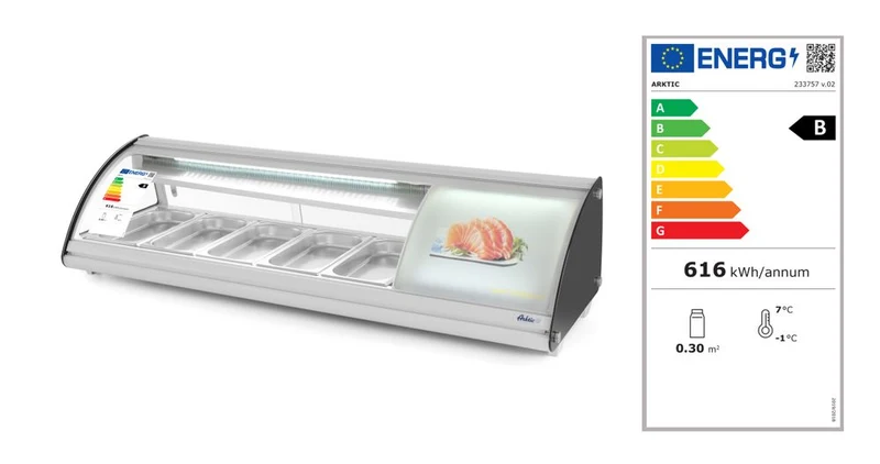 Arktic Sushi-Vitrine 5x GN 1 / 3 – 230 V / 160 W – 445 × 1307 × 327 mm