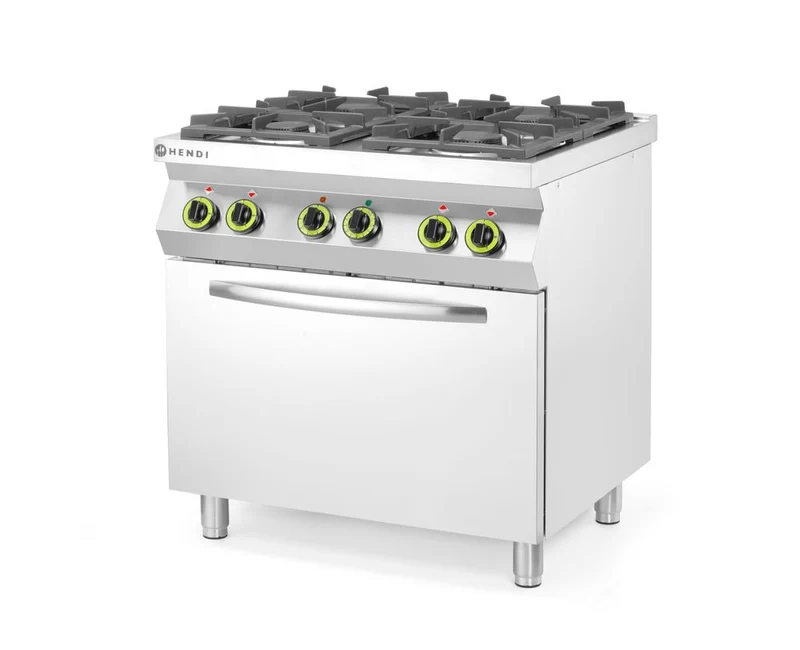 HENDI Gasherd 4-flammig mit Ofen GN 1 / 1 – Kitchen Line – 230 V / 3000 W – 19 kW – 800 × 722 × 900 mm