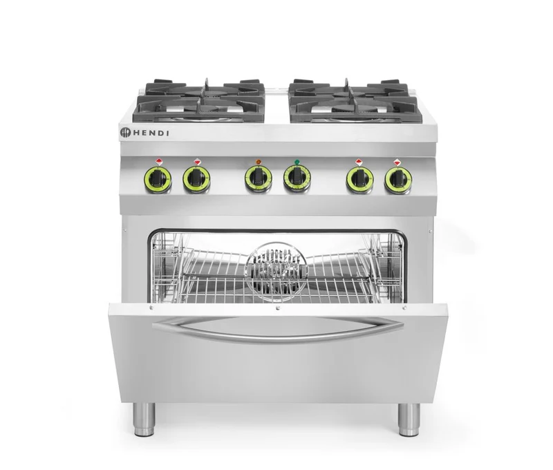 HENDI Gasherd 4-flammig mit Ofen GN 1 / 1 – Kitchen Line – 230 V / 3000 W – 19 kW – 800 × 722 × 900 mm