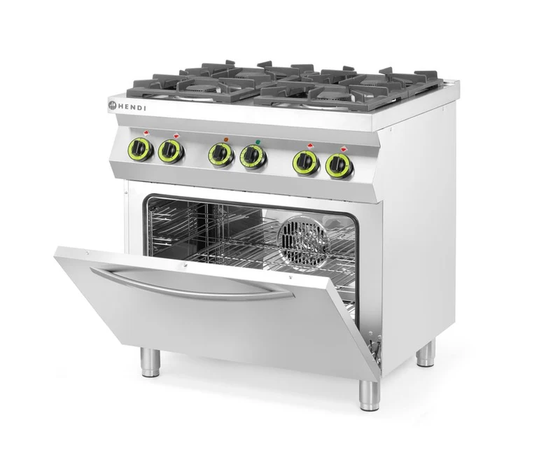 HENDI Gasherd 4-flammig mit Ofen GN 1 / 1 – Kitchen Line – 230 V / 3000 W – 19 kW – 800 × 722 × 900 mm