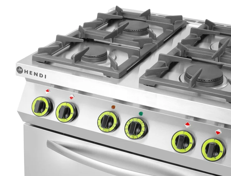HENDI Gasherd 4-flammig mit Ofen GN 1 / 1 – Kitchen Line – 230 V / 3000 W – 19 kW – 800 × 722 × 900 mm