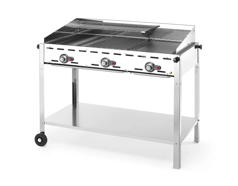 HENDI Grillsystem Green Fire mit 3 Brennern – Profi Line – Ausgestattet mit einem unteren Regal und Rädern – 17,4 kW – 1078 × 612 × 825 mm
