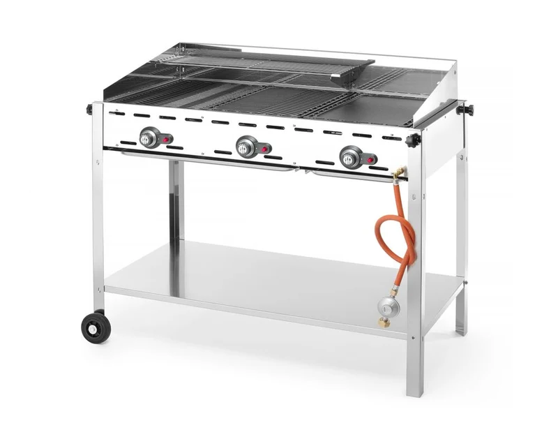 HENDI Grillsystem Green Fire mit 3 Brennern – Profi Line – Ausgestattet mit einem unteren Regal und Rädern – 17,4 kW – 1078 × 612 × 825 mm
