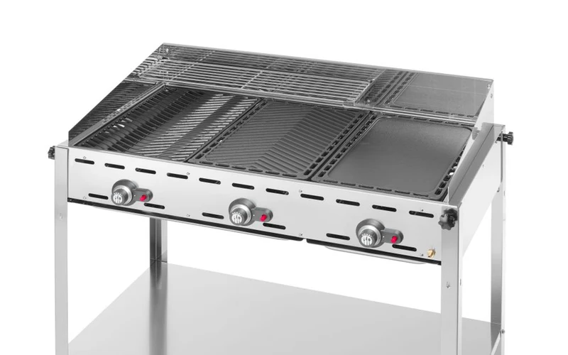HENDI Grillsystem Green Fire mit 3 Brennern – Profi Line – Ausgestattet mit einem unteren Regal und Rädern – 17,4 kW – 1078 × 612 × 825 mm