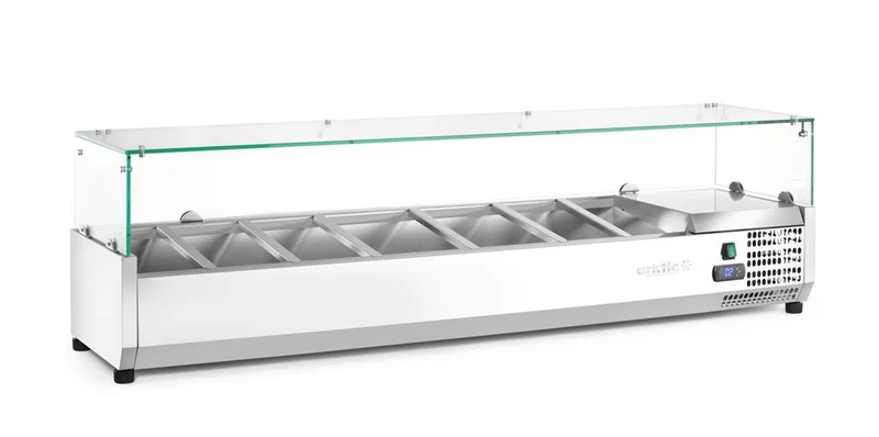 Arktic Aufsatz-Kühlvitrine Gastronorm 1 / 4 – 7x GN 1 / 4 – GN 1 / 4 – 31,5 l – 230 V / 180 W – 335 × 1505 × 460 mm