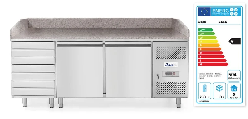 Arktic Pizzatisch – zweitürig mit 7 Schubladen 280 l – 250 l – 230 V / 250 W – 800 × 2010 × 840 mm