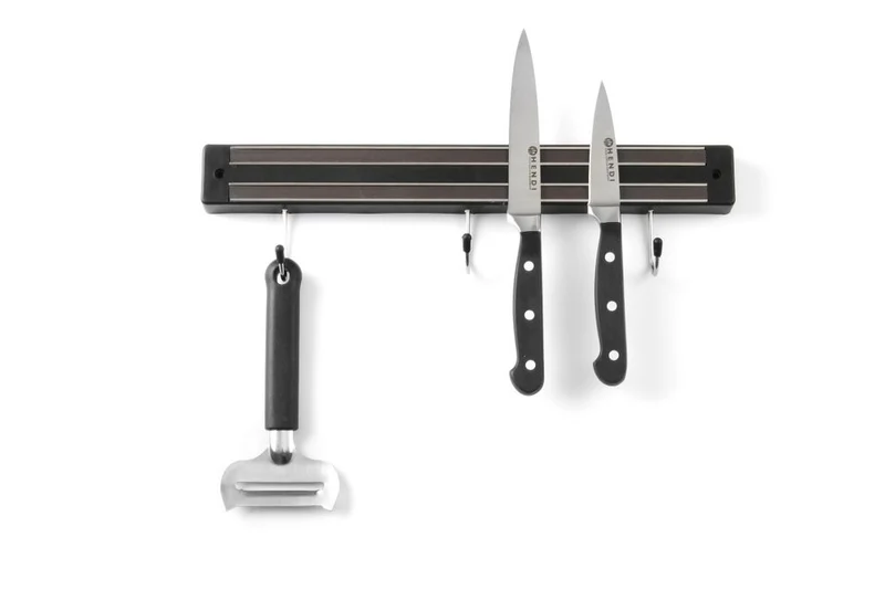 HENDI Messermagnetleiste mit Haken – 3 Haken – Schwarz – 340 mm