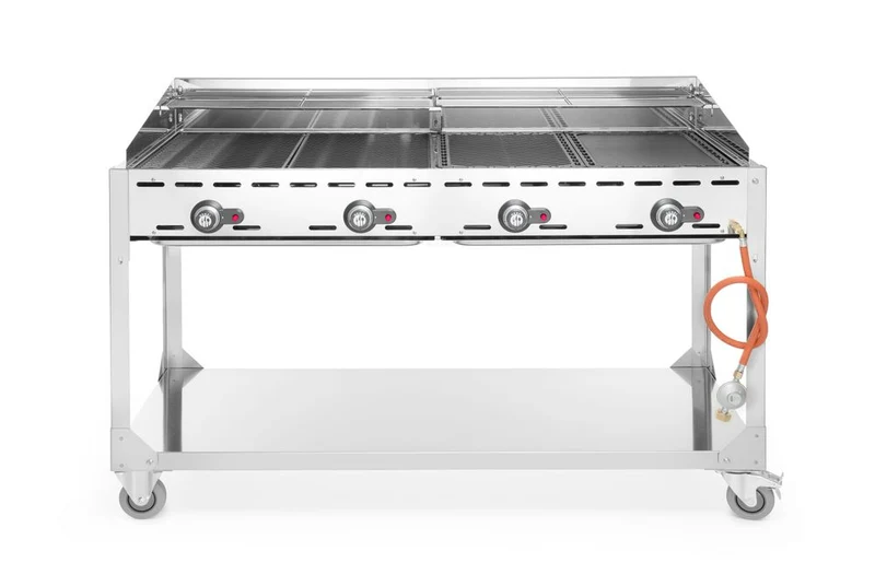 HENDI Grillsystem Green Fire mit 4 Brennern – Profi Line – mit Rollengestell – Hellgrau – 22 kW – 1400 × 612 × 825 mm