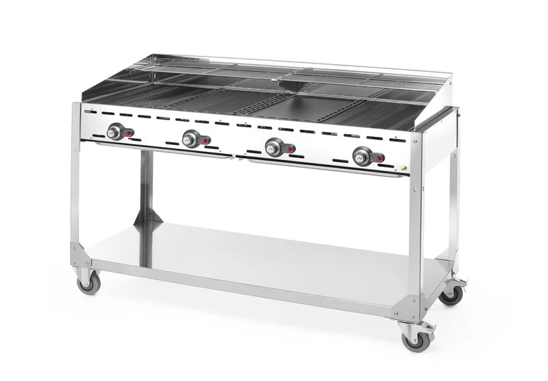 HENDI Grillsystem Green Fire mit 4 Brennern – Profi Line – mit Rollengestell – Hellgrau – 22 kW – 1400 × 612 × 825 mm