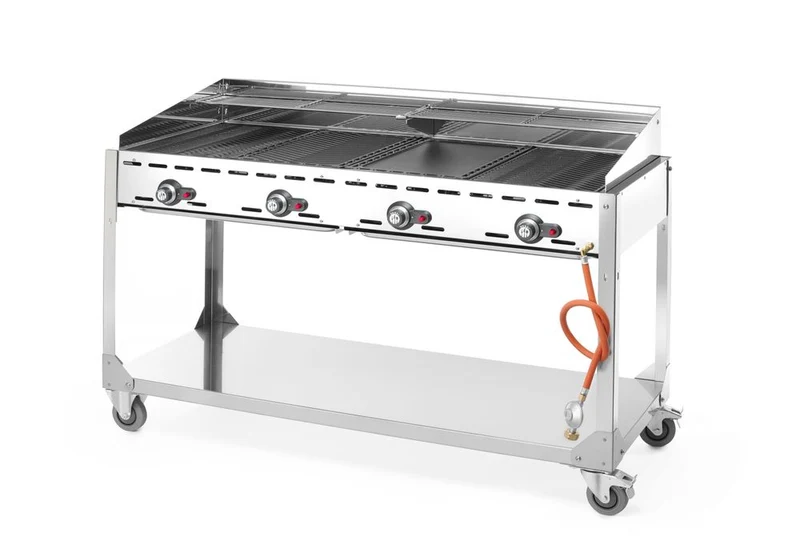 HENDI Grillsystem Green Fire mit 4 Brennern – Profi Line – mit Rollengestell – Hellgrau – 22 kW – 1400 × 612 × 825 mm