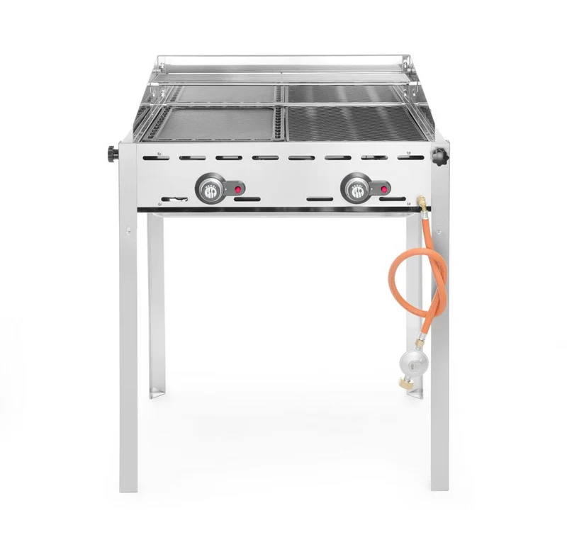 HENDI Grillsystem Green Fire mit 2 Brennern – Profi Line – Emaillierte Grillplatte und Grillrost aus Gusseisen GN 1 / 1 – 11,6 kW – 740 × 615 × 825 mm