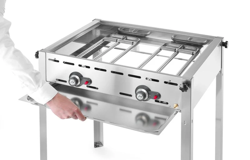 HENDI Grillsystem Green Fire mit 2 Brennern – Profi Line – Emaillierte Grillplatte und Grillrost aus Gusseisen GN 1 / 1 – 11,6 kW – 740 × 615 × 825 mm