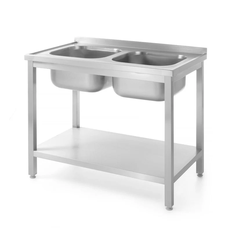 HENDI Tisch mit 2 Spülbecken – mit Ablage – verschraubt – Profi Line – 1000 × 700 × 850 mm